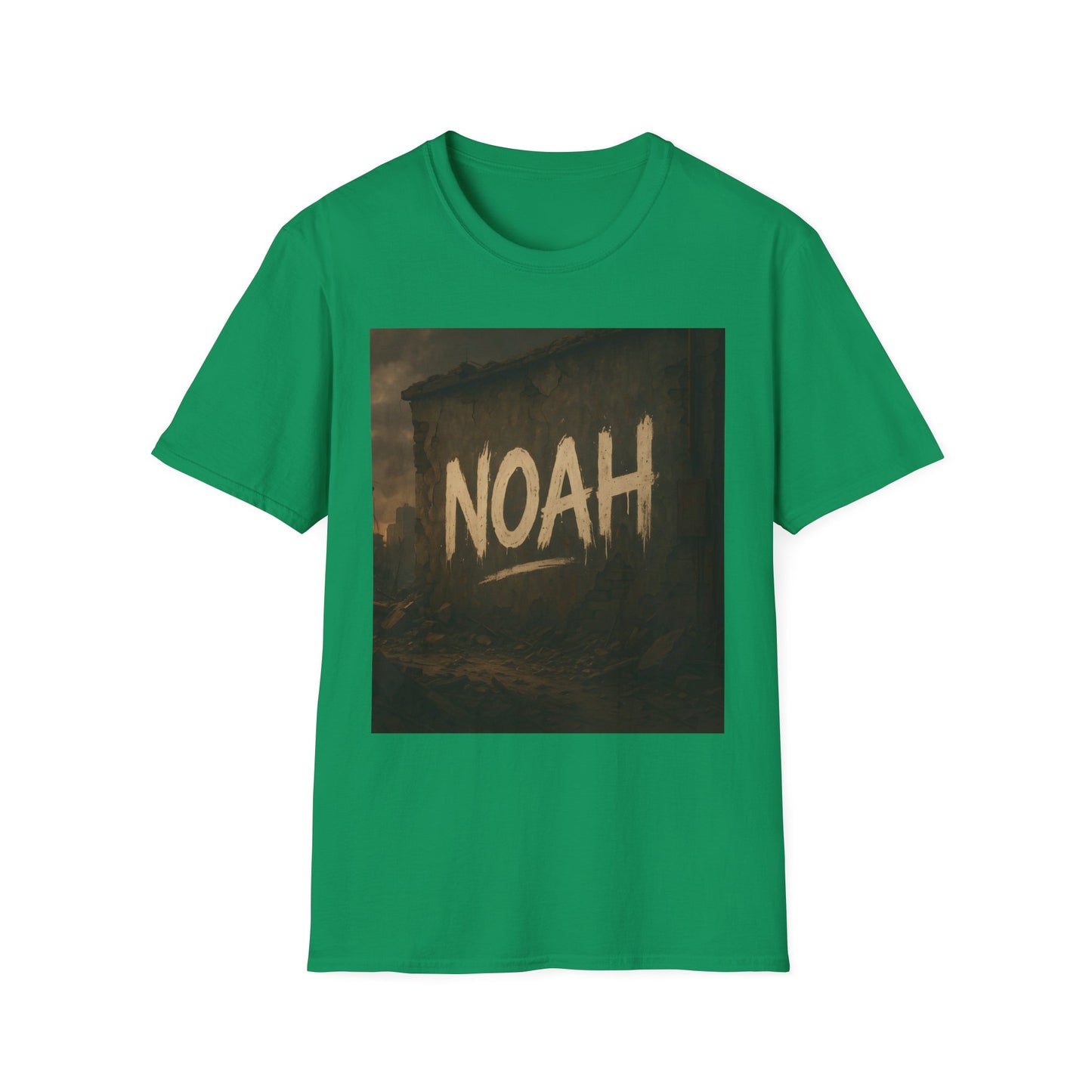 Green short-sleeve T-shirt featuring a square dark ruined-city graphic with the beige 'NOAH' text.