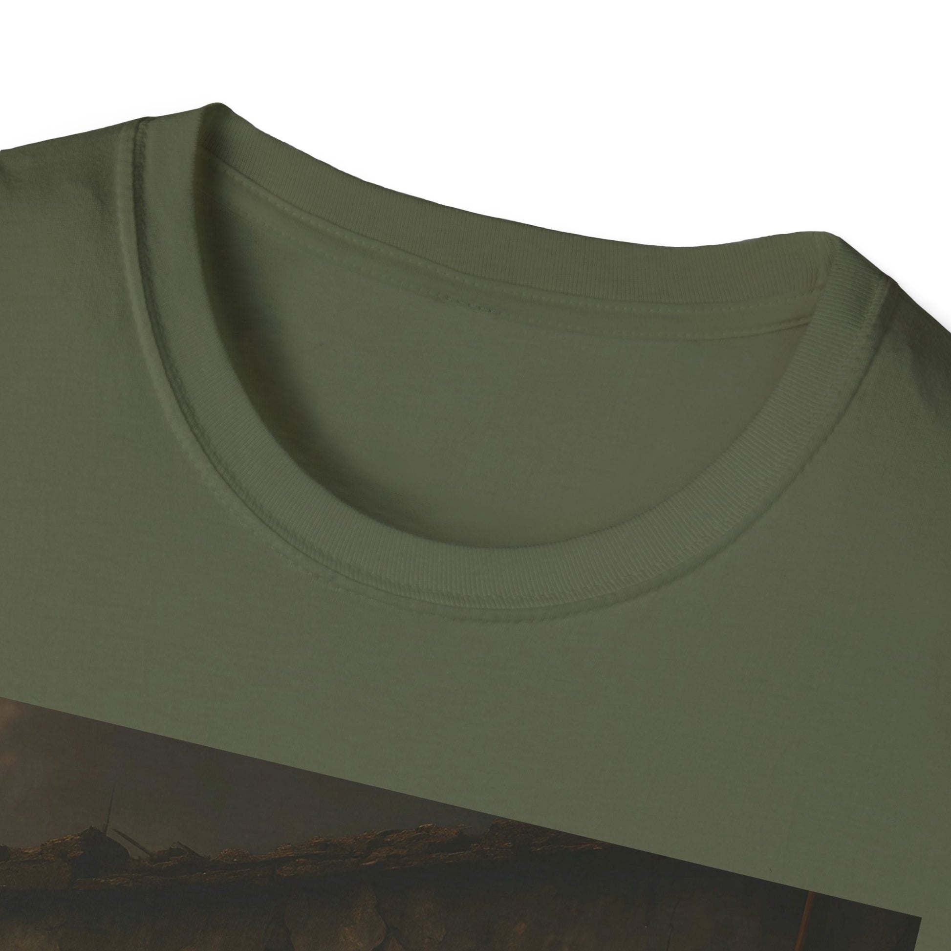 Olive green crew neck T-shirt shown close-up at the neckline with a partial landscape graphic at the bottom edge.
