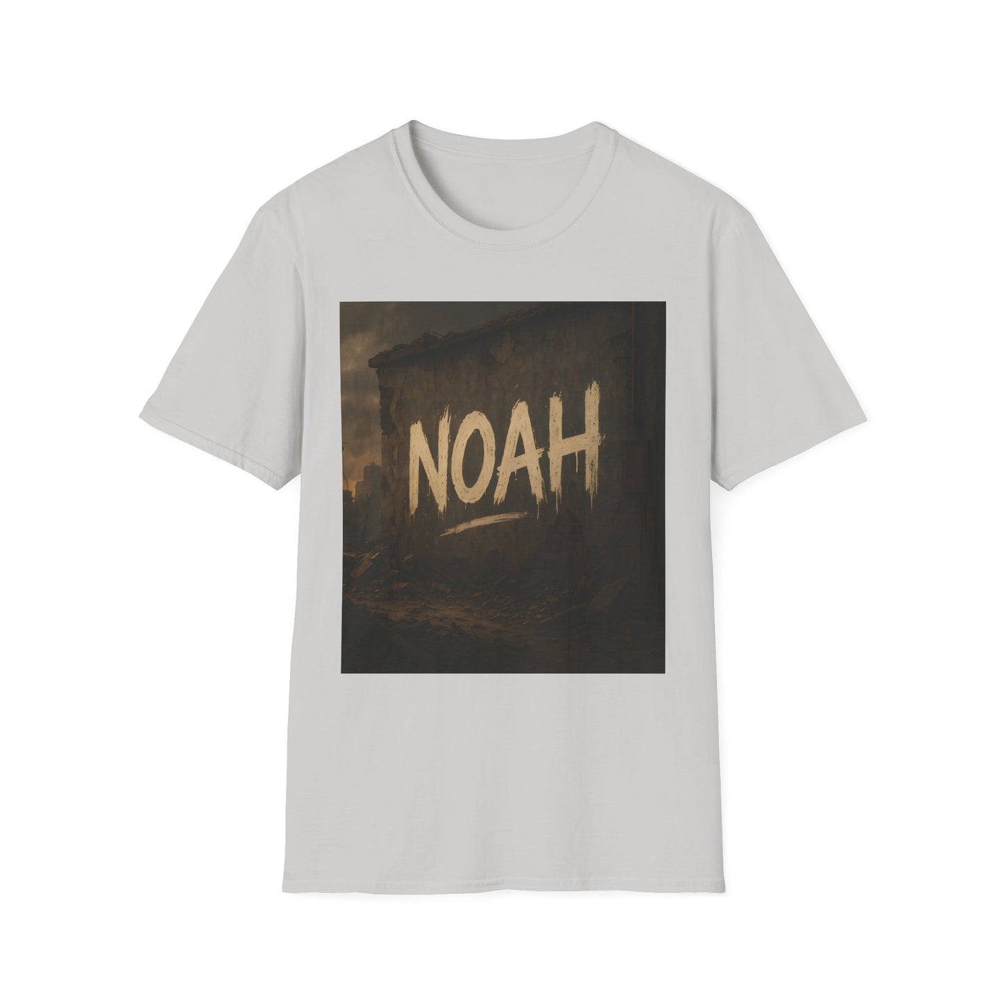 Light gray T-shirt featuring a square dark artwork with the word NOAH in beige brushstroke letters on a ruined wall.