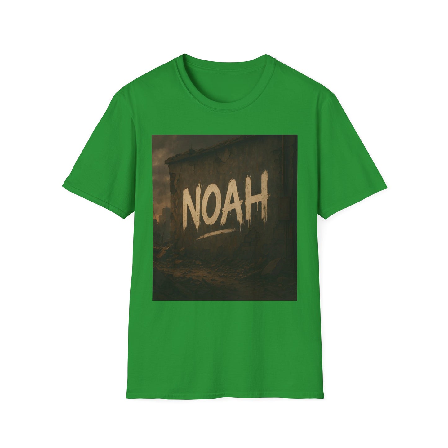 Green short-sleeve T-shirt with a square dark graphic showing the beige word NOAH over a ruined cityscape.