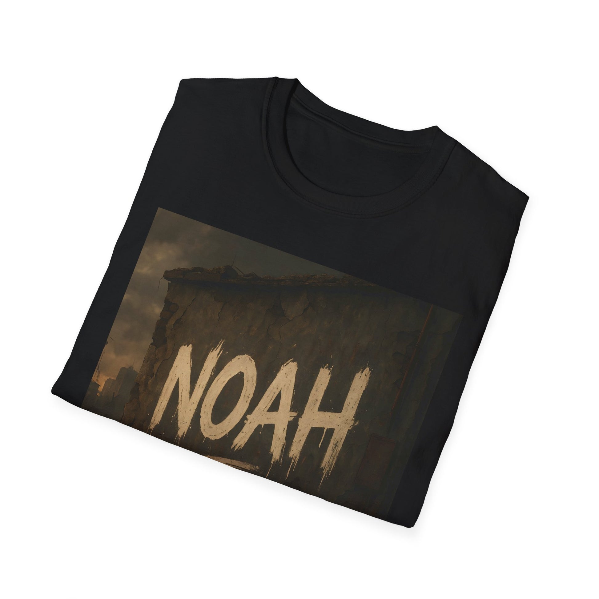 Black t-shirt with a rectangular graphic of a crumbling wall and the large white distressed text NOAH.