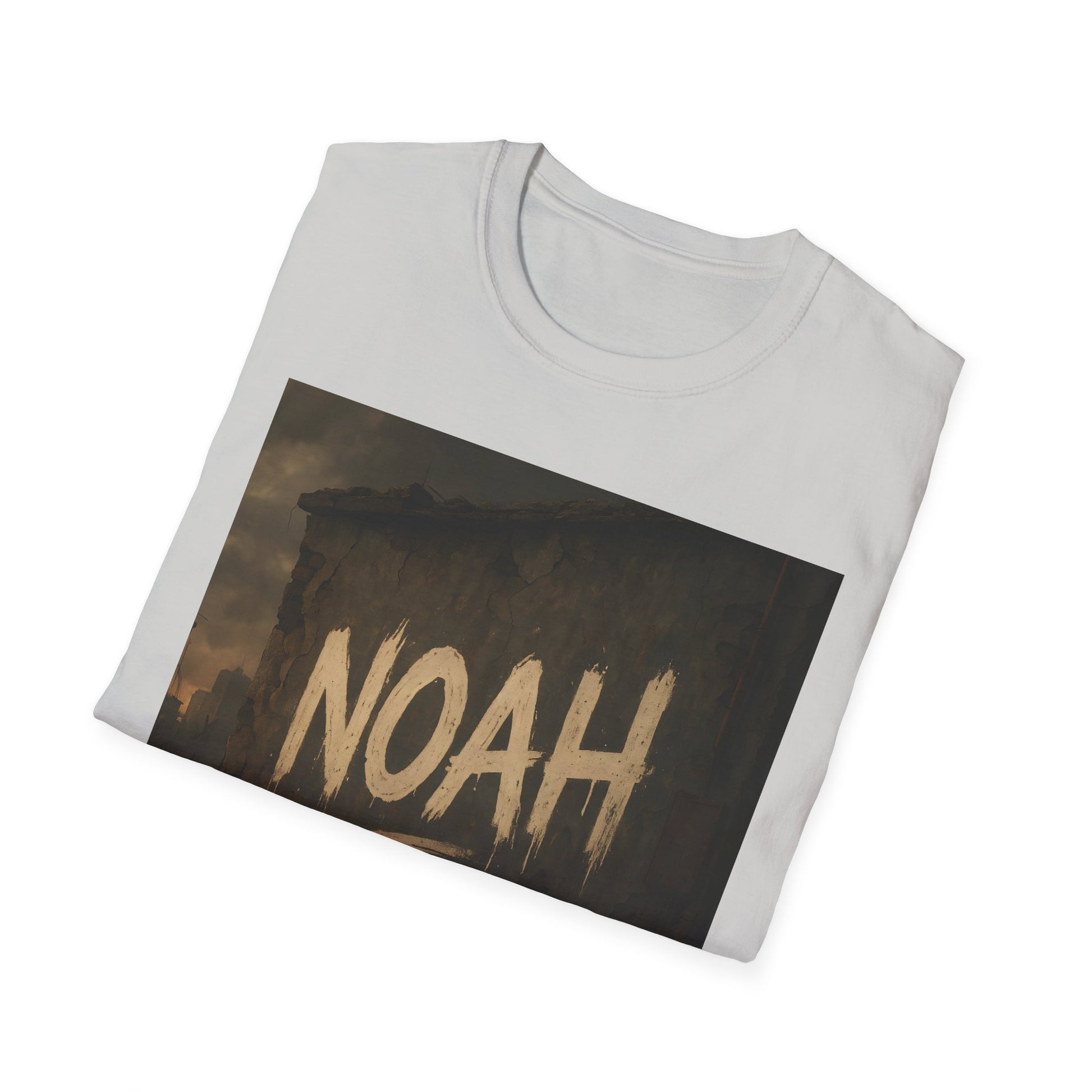 White T-shirt featuring a rectangular dark graphic of a ruined wall with large, white, distressed NOAH letters.