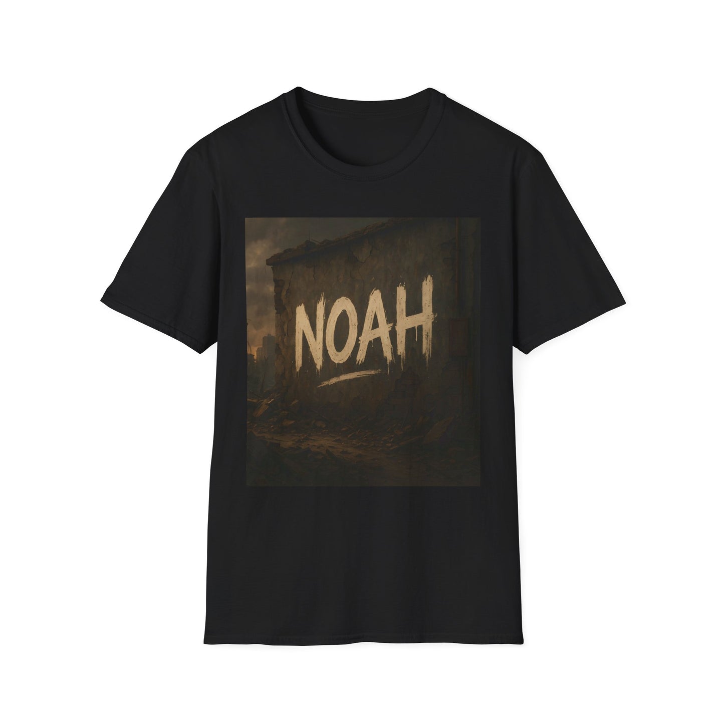 Black crewneck t-shirt featuring a dark square graphic of a ruined wall and the beige brush-stroke text NOAH.