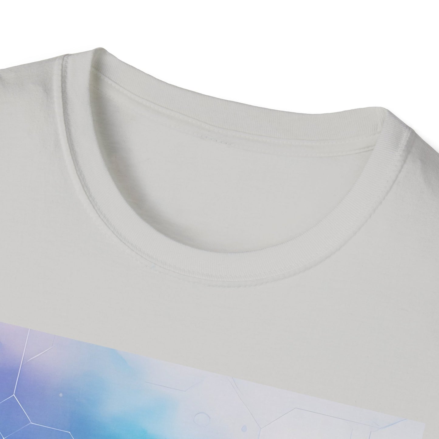 Close-up of a white crewneck T-shirt showing a light blue, purple-tinged geometric graphic along the lower front.