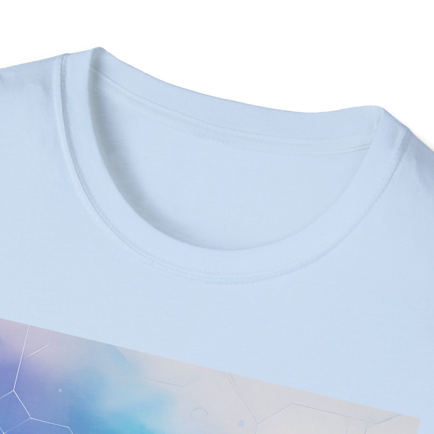 Close-up of a light blue crew-neck T-shirt with a pale gradient graphic along the lower portion.