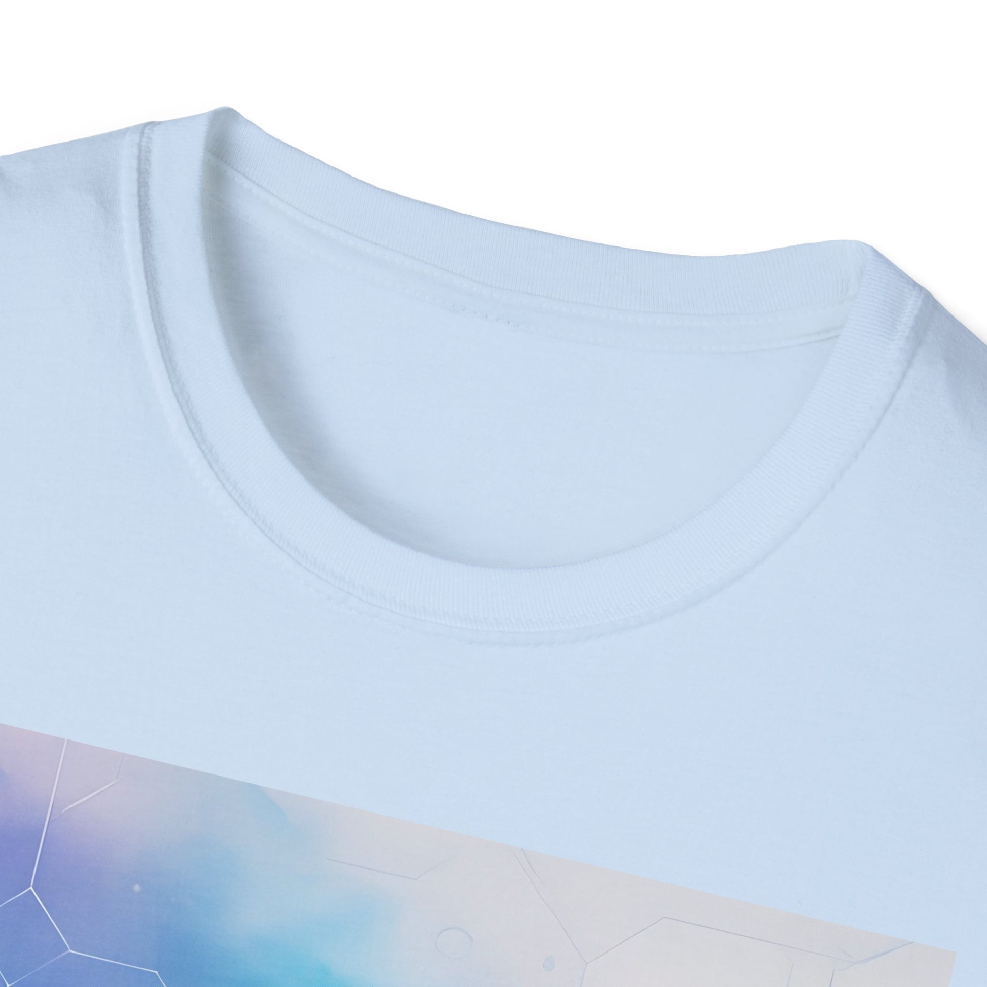 Close-up of a light blue crew-neck T-shirt with a pale gradient graphic along the lower portion.
