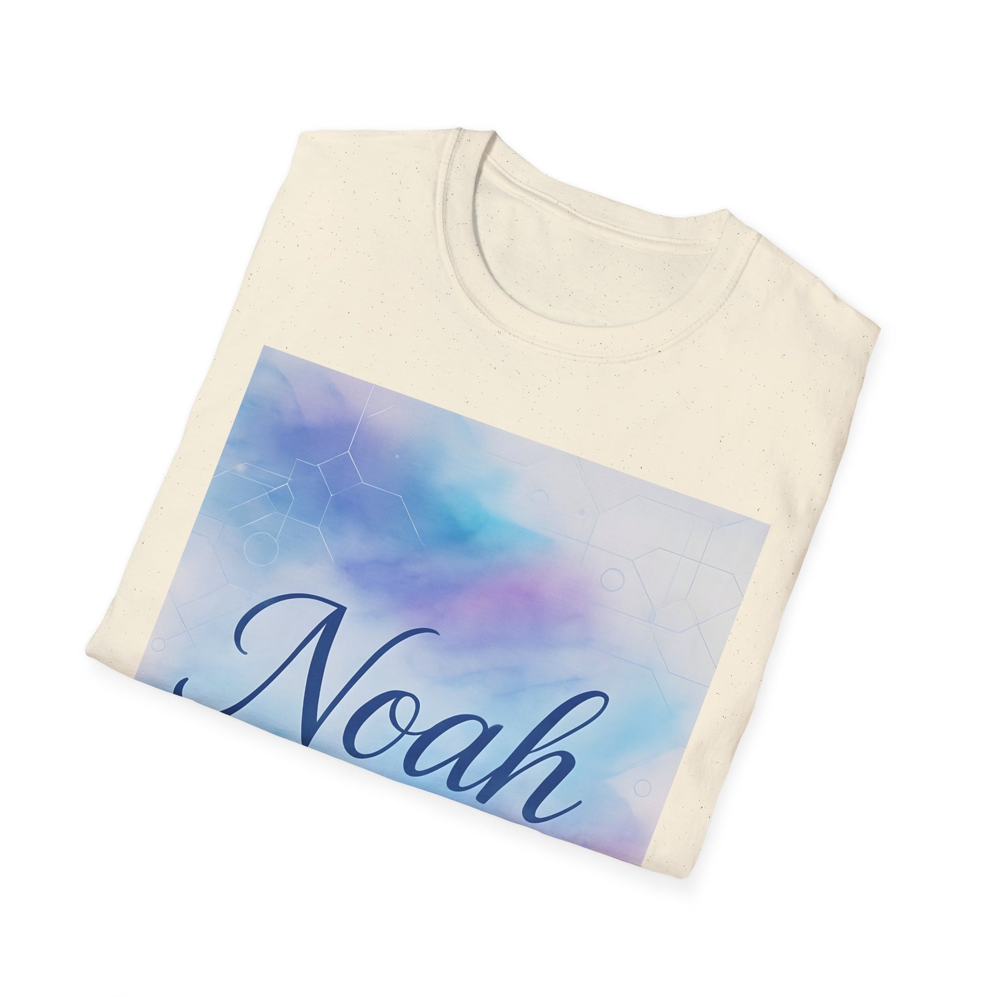 Beige speckled crewneck t-shirt folded with a rectangular pastel gradient graphic and the word “Noah” in cursive.