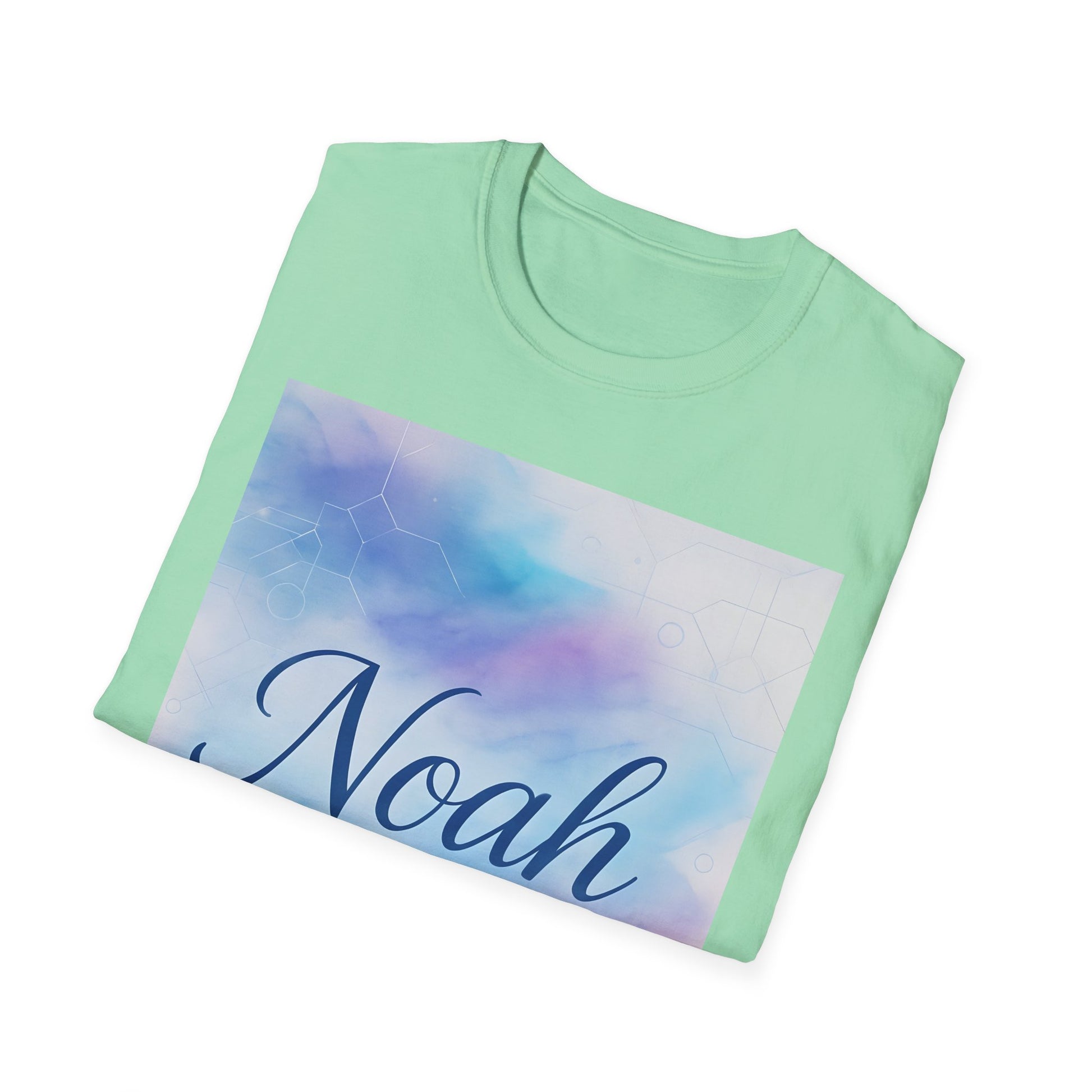 Mint green T-shirt with a rectangular pastel gradient graphic (blue to purple) and white geometric lines, featuring the navy script 'Noah'.