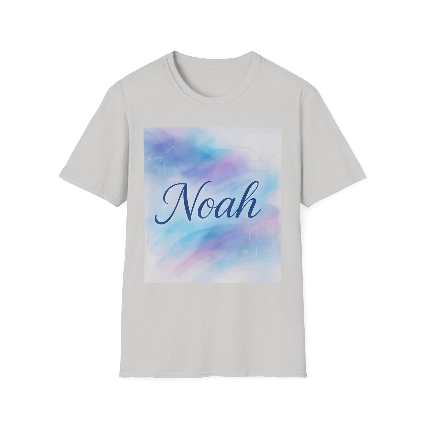 Light gray t-shirt with a square pastel gradient graphic in blue and pink tones, featuring the name Noah in cursive.