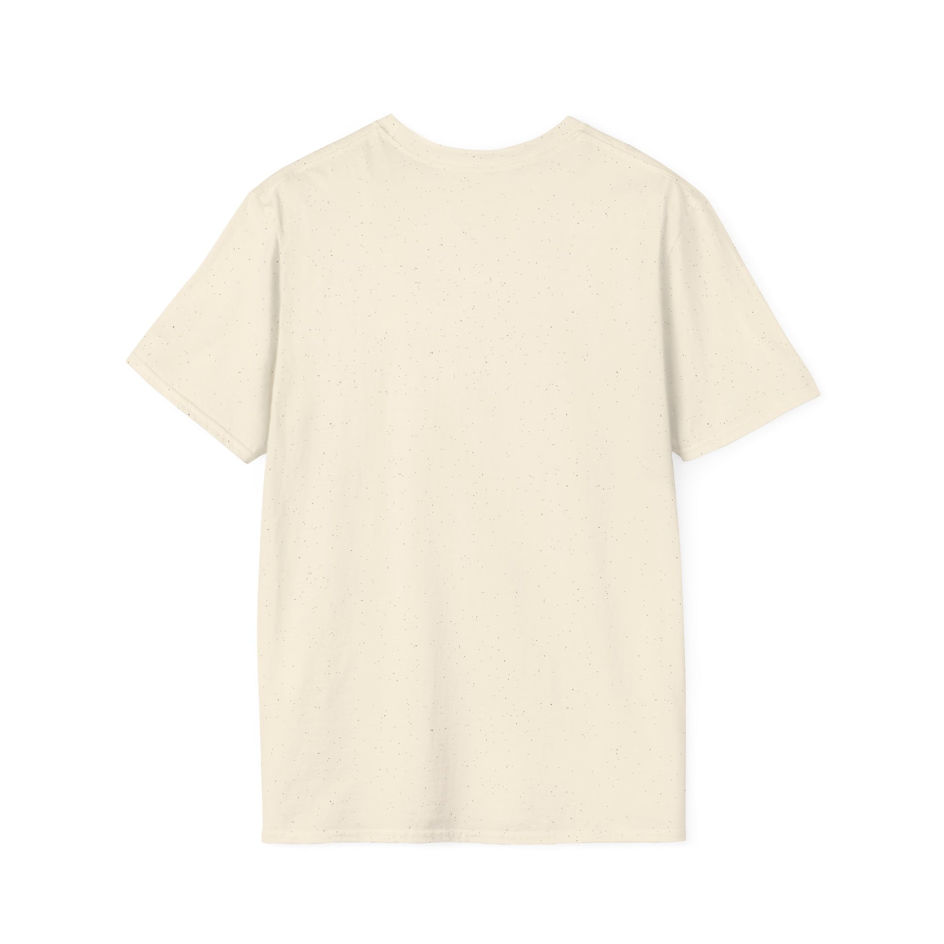 Beige speckled short-sleeve T-shirt viewed from the back, with tiny dark flecks across the fabric.