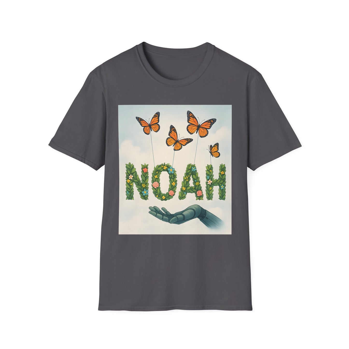Gray T-shirt with a rectangular graphic showing the word NOAH made of leaves and flowers, with orange butterflies above and a green hand