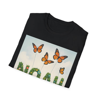 Black crew-neck T-shirt with a print of orange monarch butterflies on tall stems against a pale blue sky.