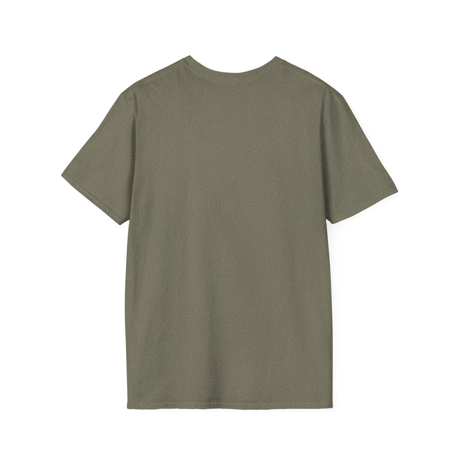 Back view of an olive green short-sleeve T-shirt with no visible prints or patterns.
