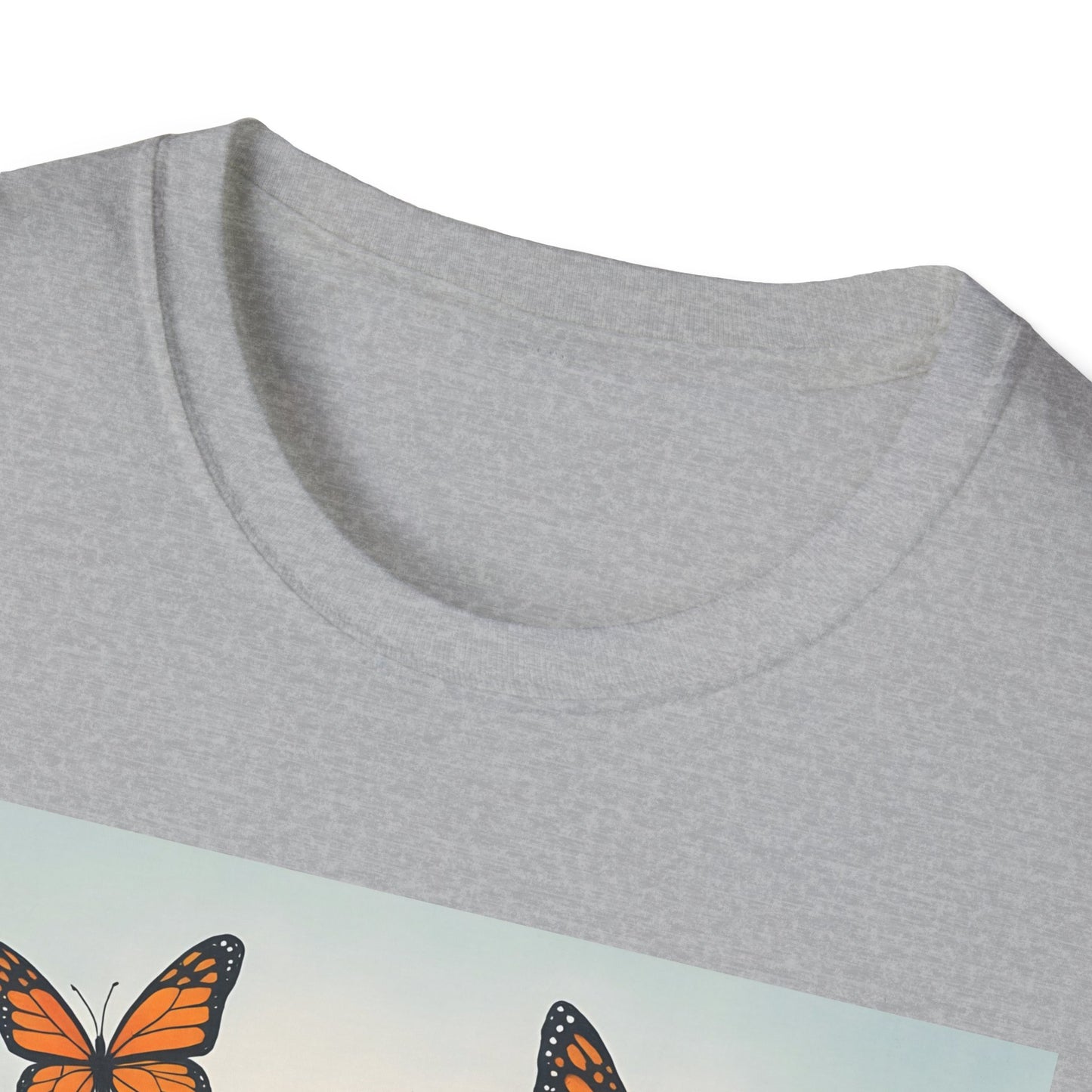 Light gray crew-neck t-shirt with a pastel panel featuring orange and black butterfly illustrations.