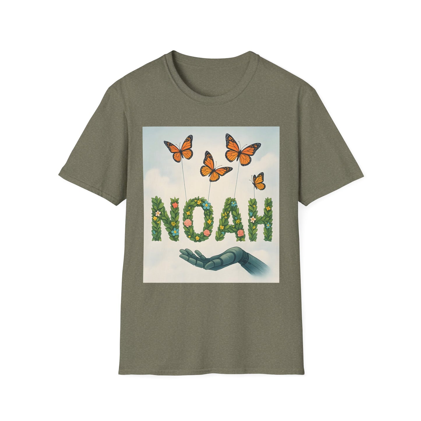 Olive green T-shirt featuring a graphic with NOAH formed by leafy vines and flowers, orange butterflies overhead and a robotic hand below.