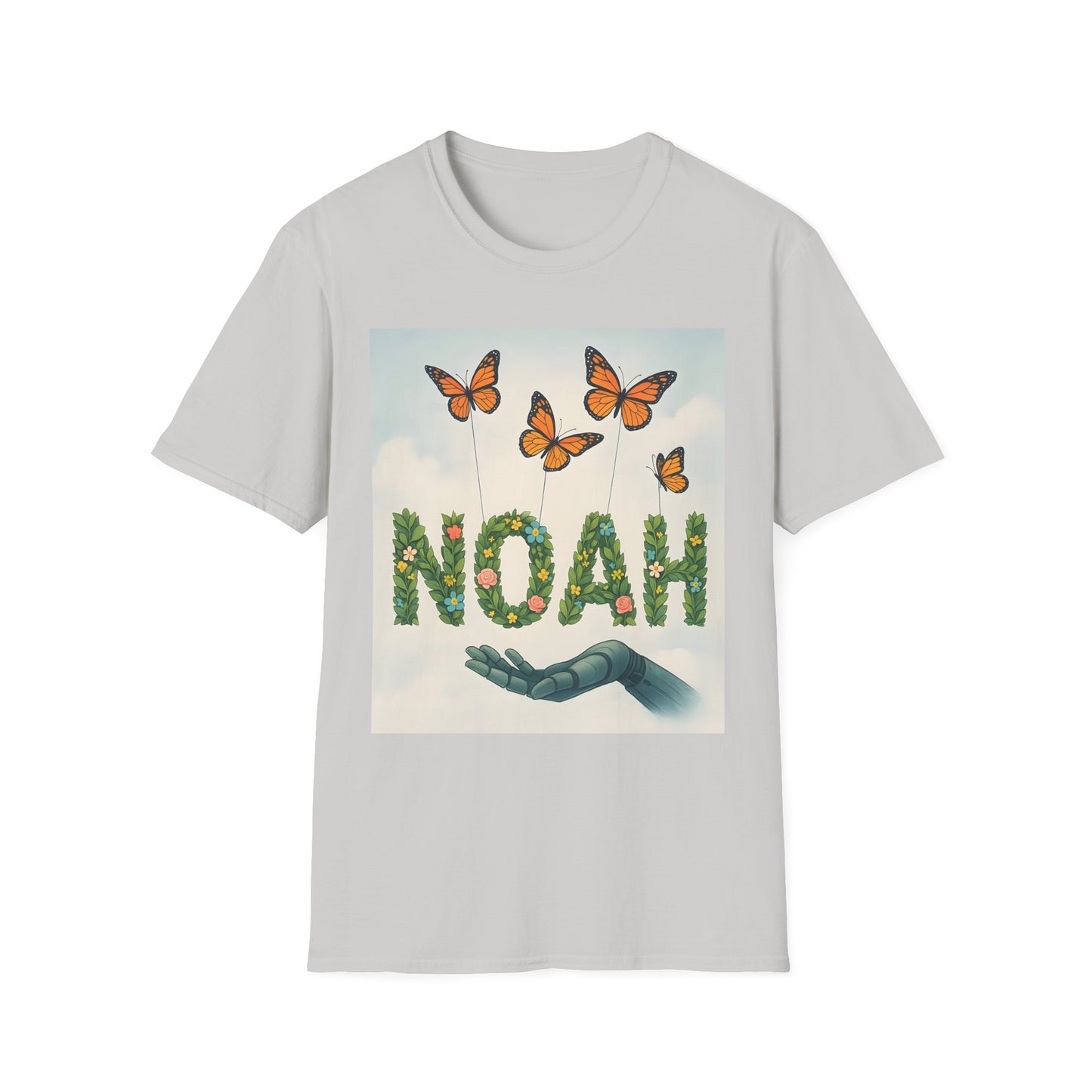 Grey t-shirt featuring a graphic of the word NOAH formed from leafy vines and flowers, with orange butterflies above and a teal mechanical