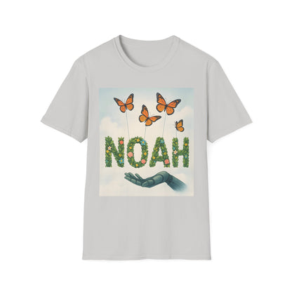 Grey t-shirt featuring a graphic of the word NOAH formed from leafy vines and flowers, with orange butterflies above and a teal mechanical