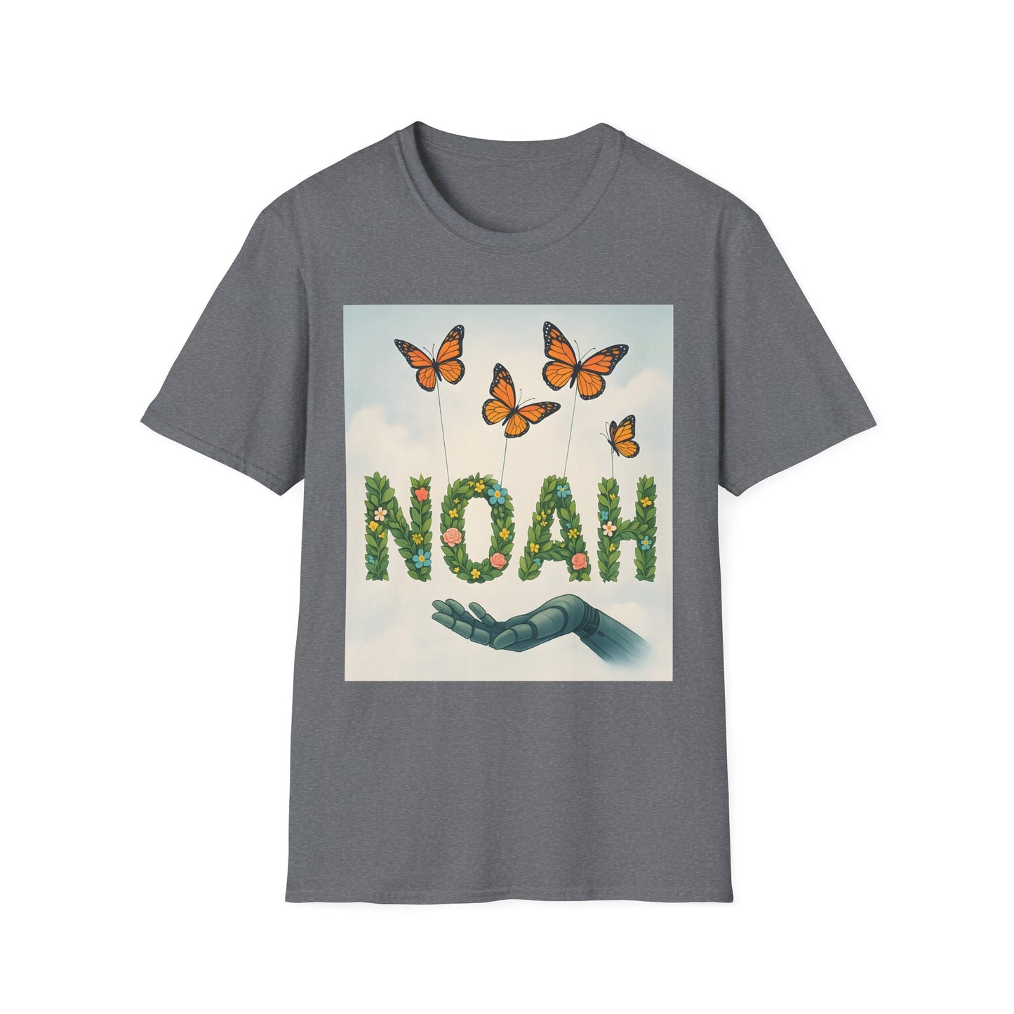 Grey t-shirt with a rectangular graphic showing orange butterflies above the leafy, flower-filled "NOAH" letters and a green hand below.