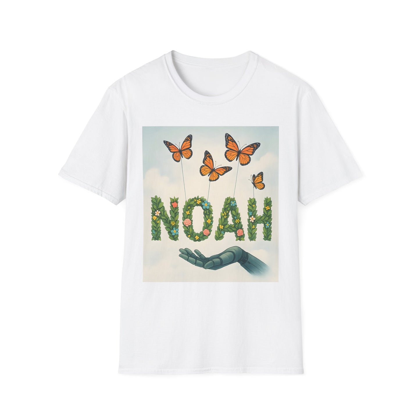 White t-shirt with a graphic of the word NOAH formed from green leaves and flowers, butterflies above, and a blue robotic hand beneath.