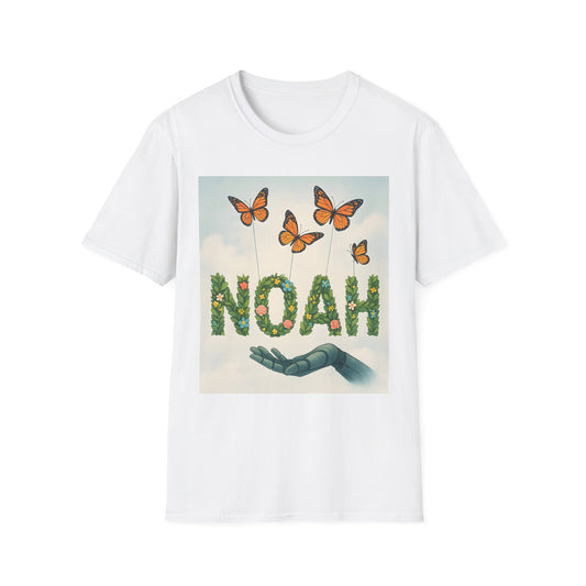 White t-shirt with a graphic of the word NOAH formed from green leaves and flowers, butterflies above, and a blue robotic hand beneath.