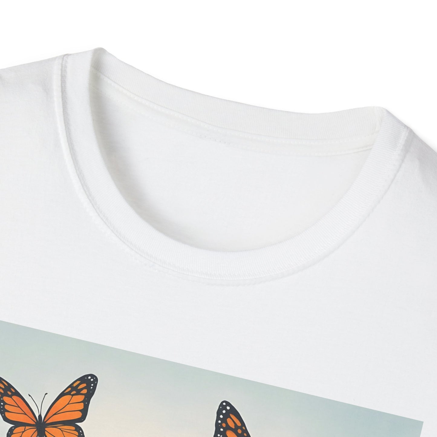 White crew-neck white T-shirt with a pastel rectangular graphic showing orange and black butterflies.