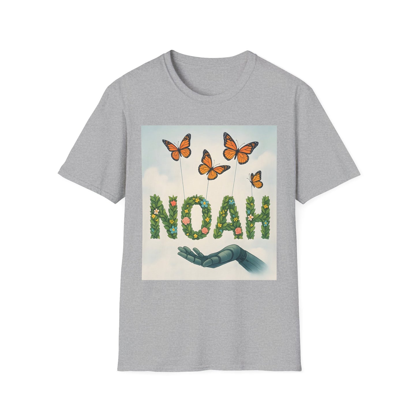 Grey T-shirt with a graphic showing the word NOAH formed from green leaves and flowers, orange butterflies above, and a blue hand reaching