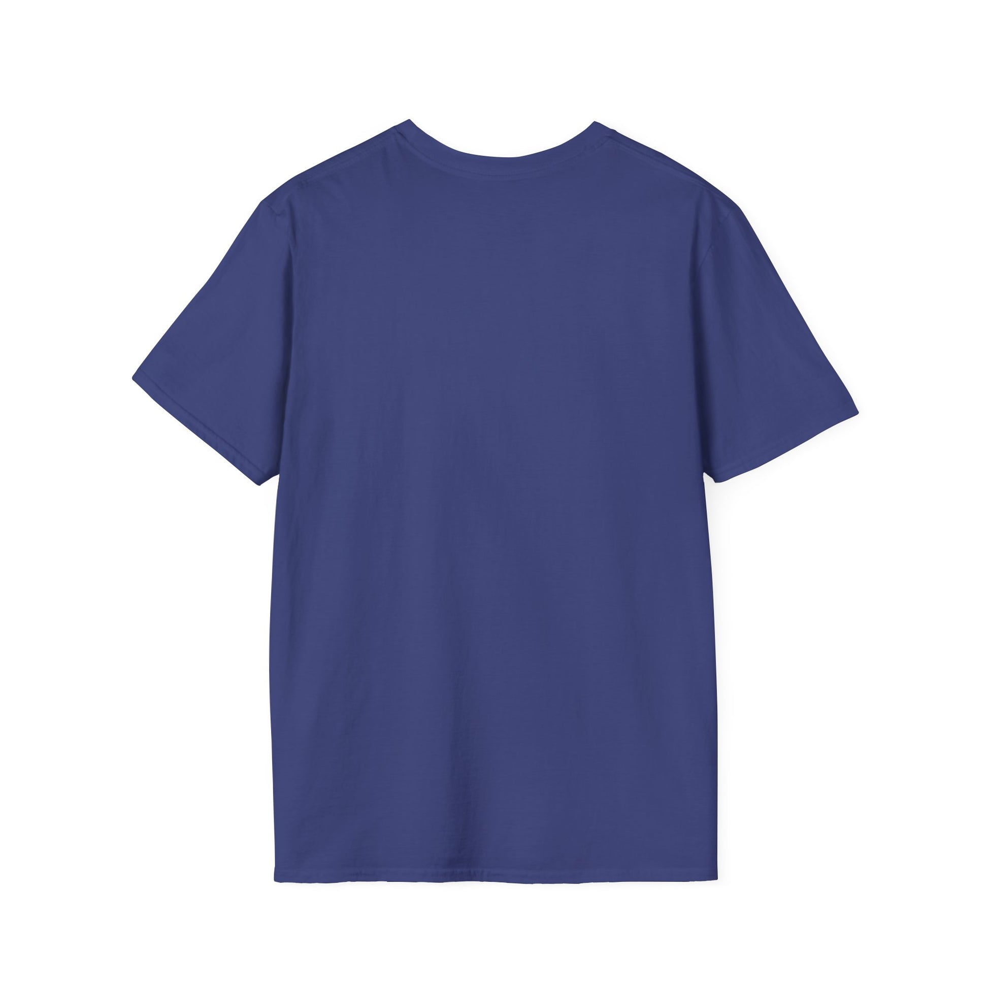 Back view of a plain royal blue short-sleeve T-shirt made of smooth fabric.