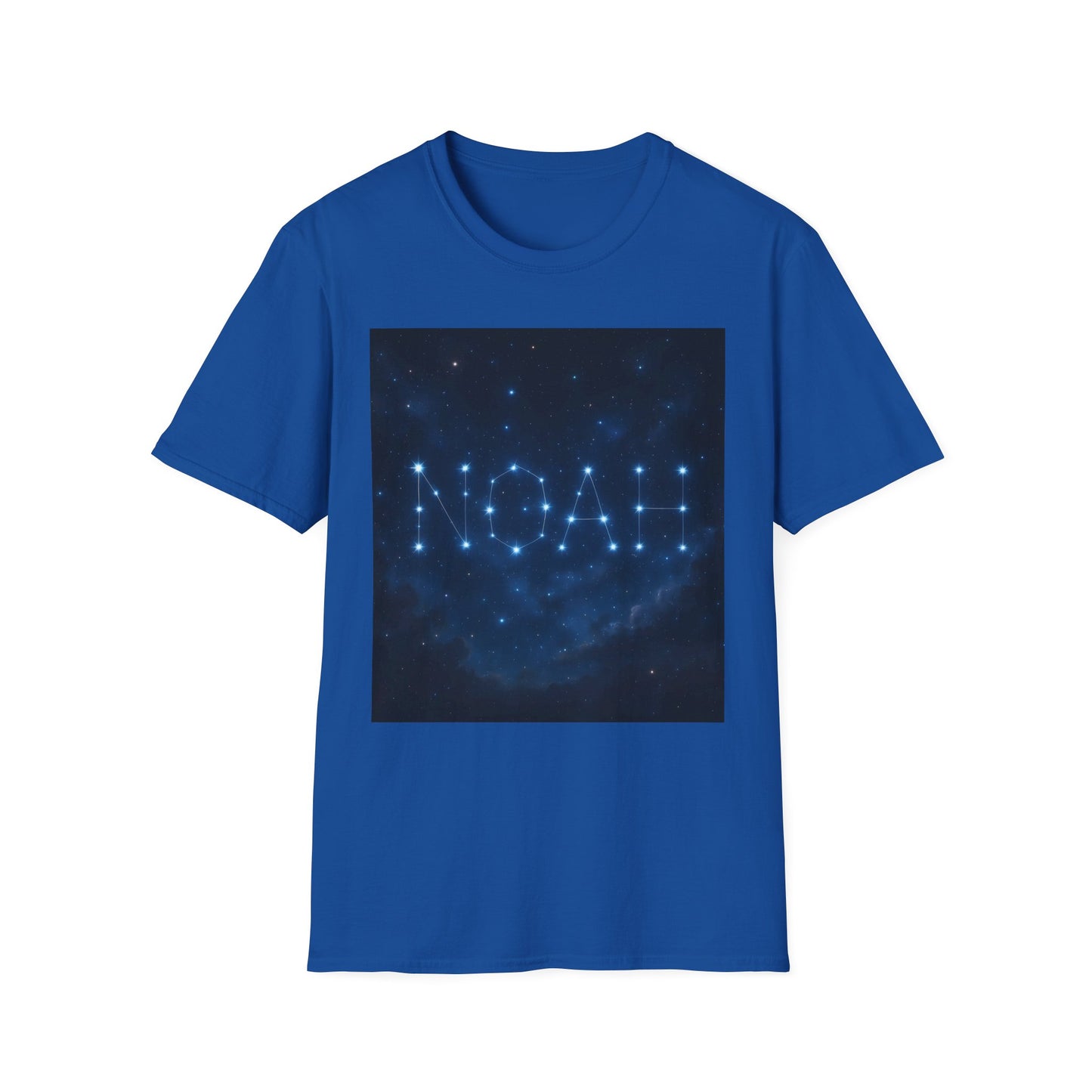 Blue t-shirt with a square night-sky graphic; stars form the word "NOAH" in a constellation pattern.
