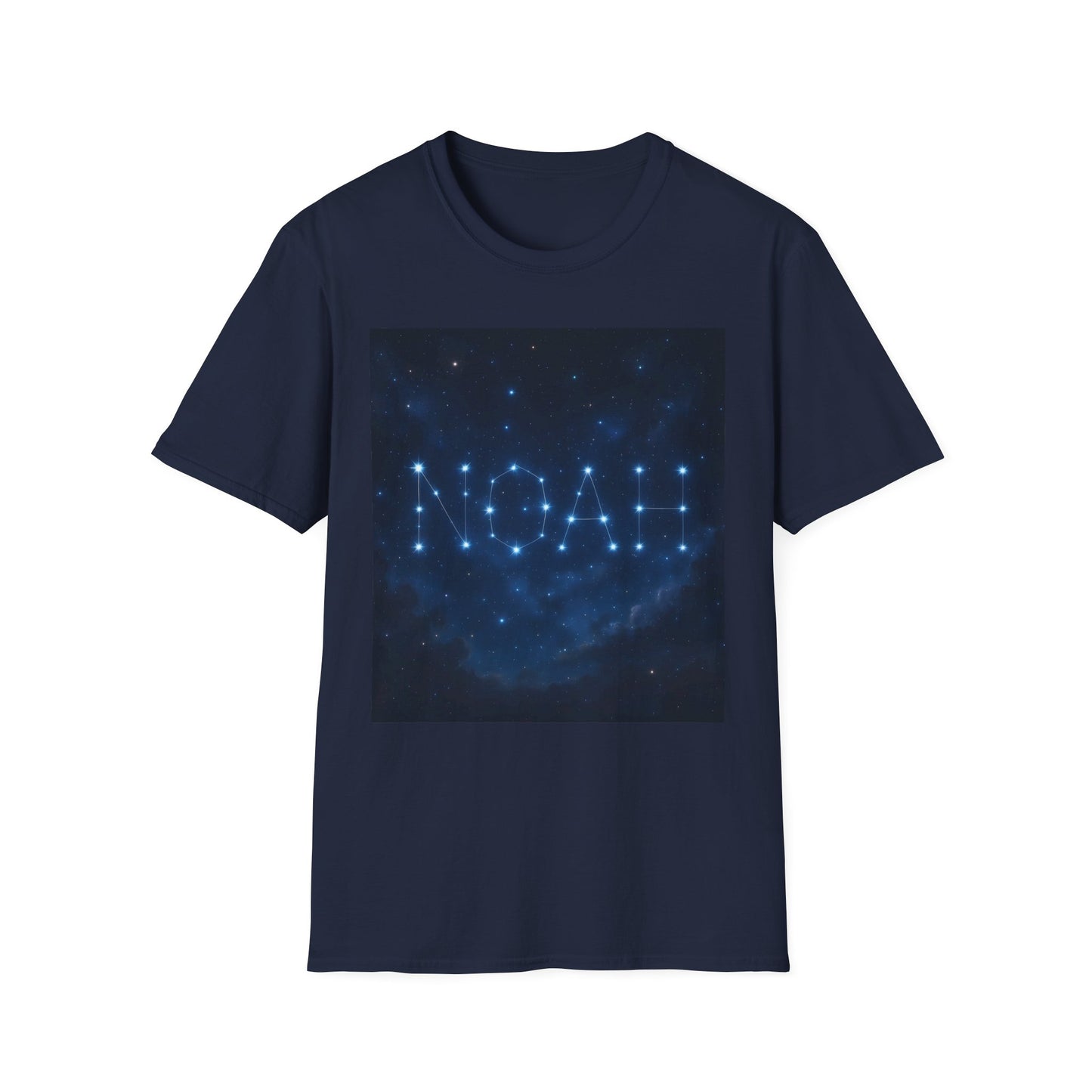 Navy T-shirt featuring a blue square graphic of a starry night sky that forms the word NOAH with constellation lines.