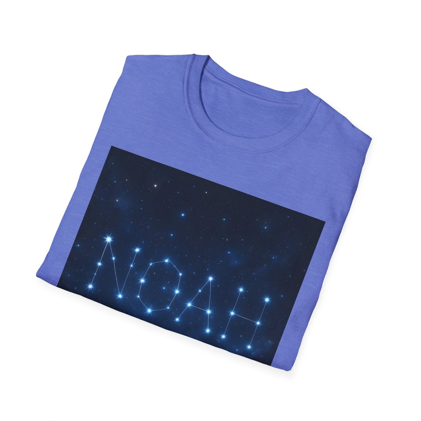 Purple T-shirt with a dark blue square graphic of starry constellations and connected star lines across the front.