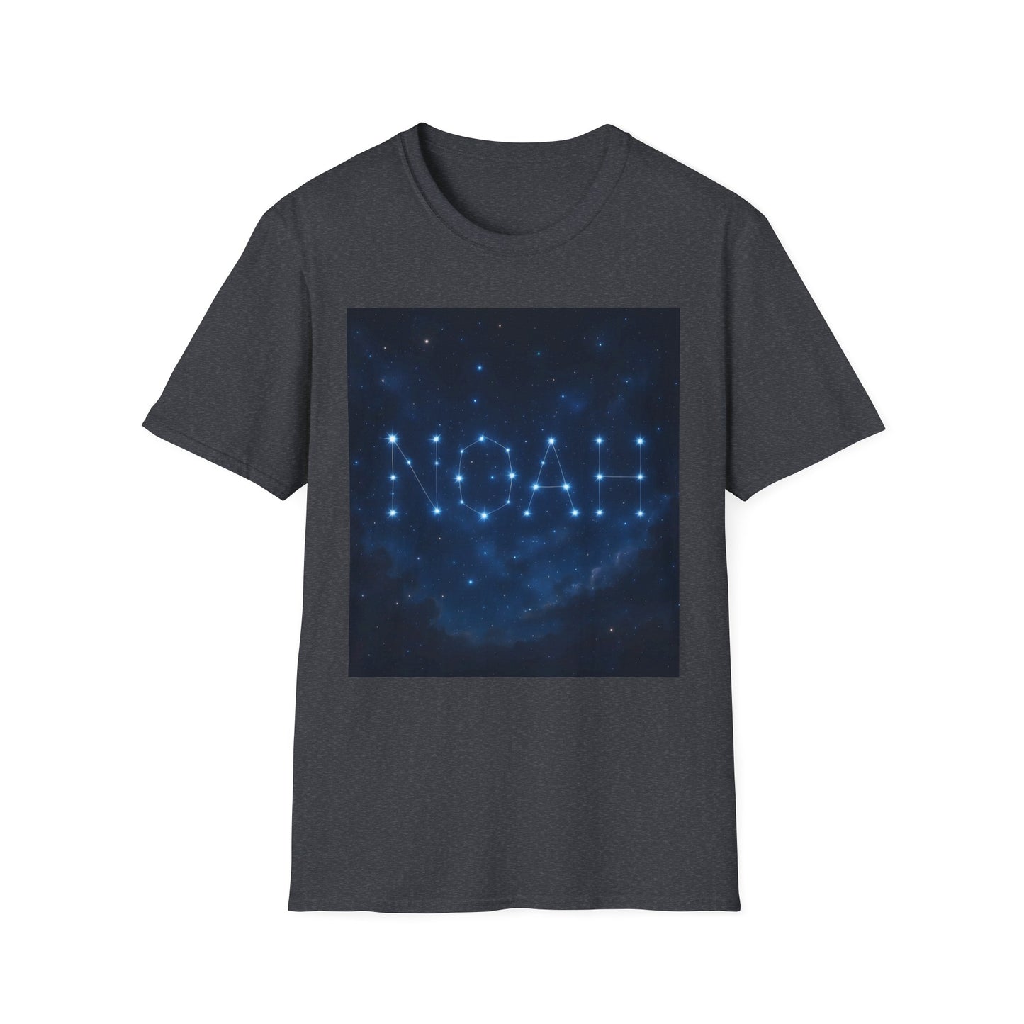 Dark heather gray T-shirt with a square blue night-sky graphic showing star constellations forming the letters NOAH.