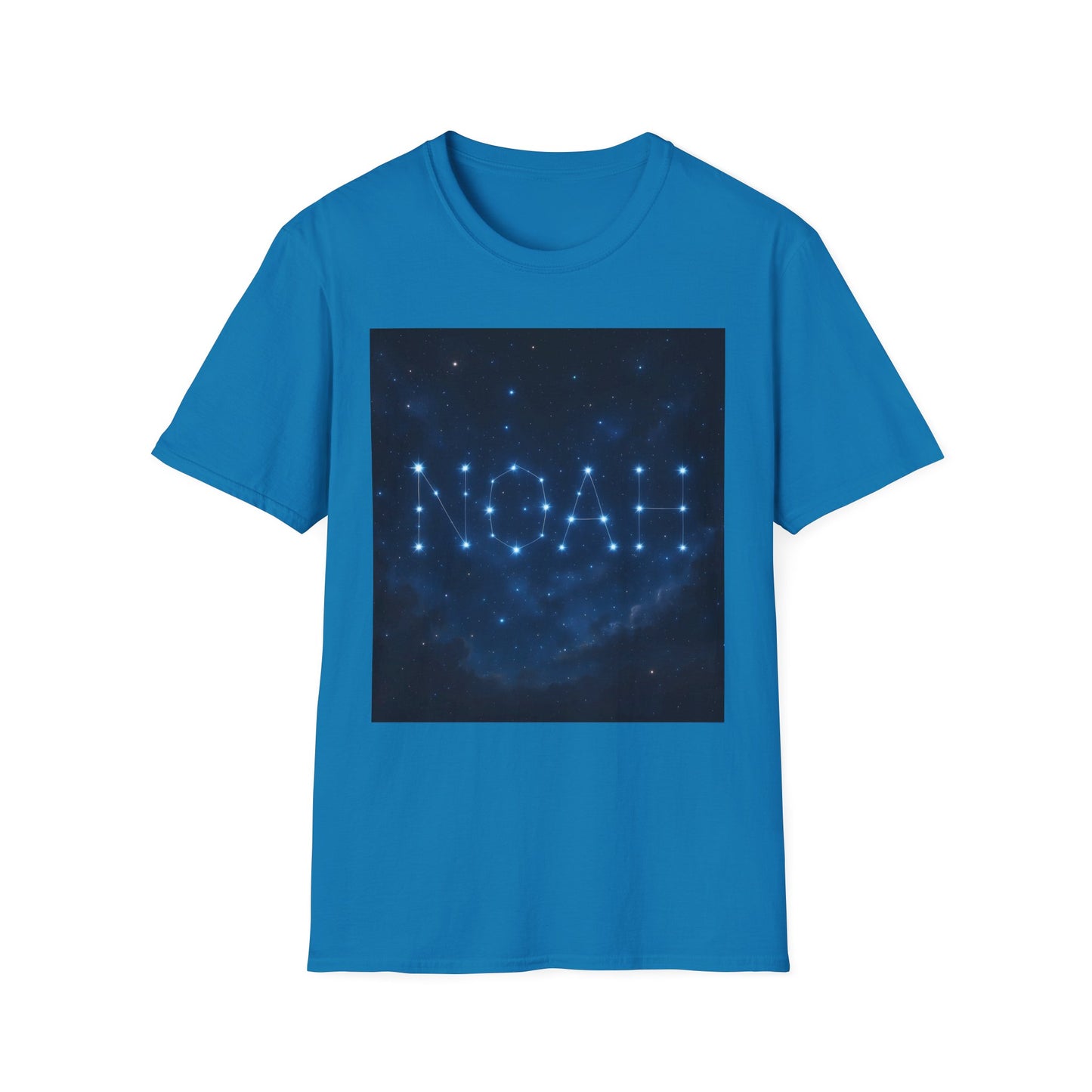Blue short-sleeve T-shirt featuring a dark square graphic of a starry sky with the word NOAH formed by constellations.