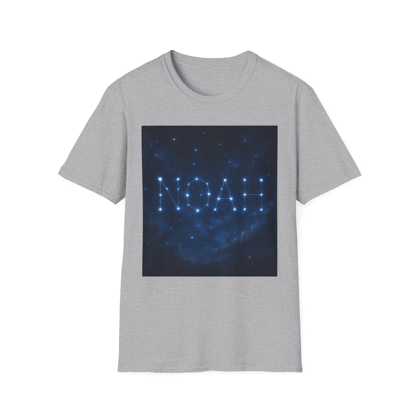 Grey T-shirt featuring a square graphic of a starry night sky with 'NOAH' formed by connected blue stars.