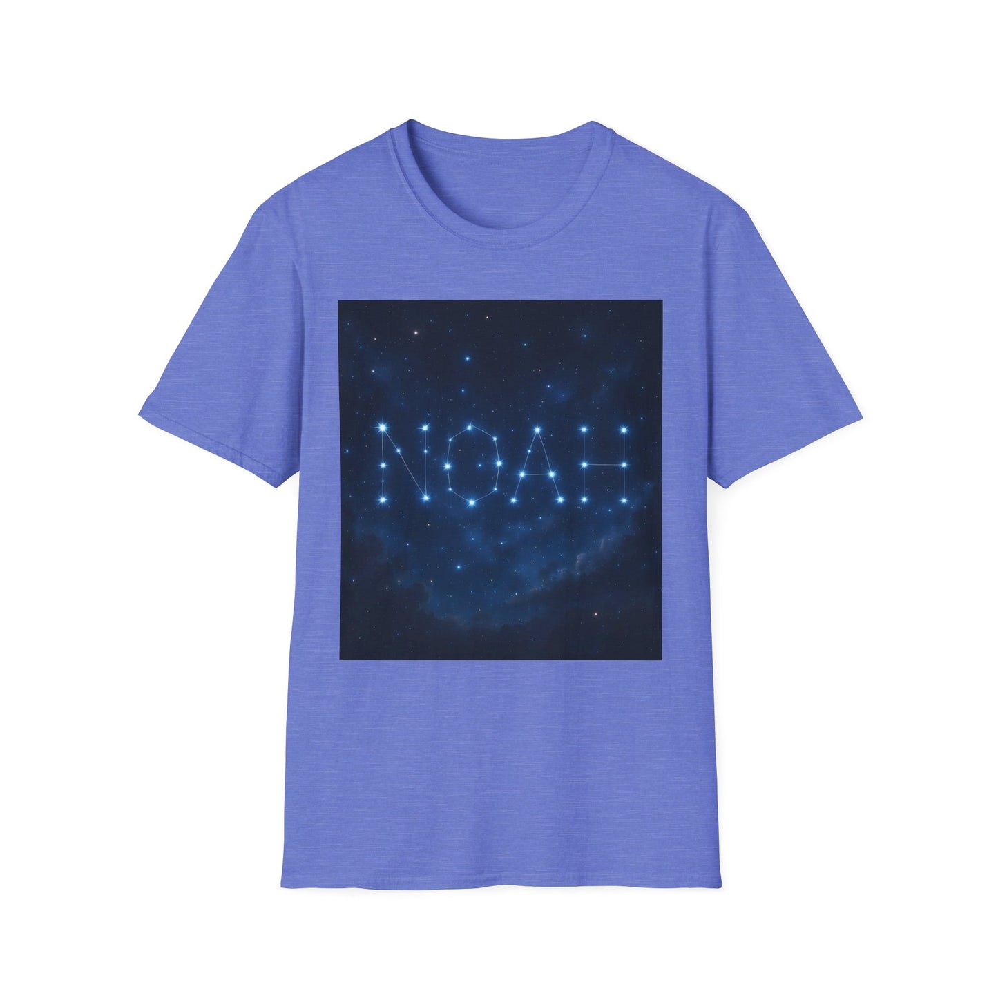 Blue T-shirt with a dark square graphic showing a starry night sky and the word NOAH made from constellation dots.