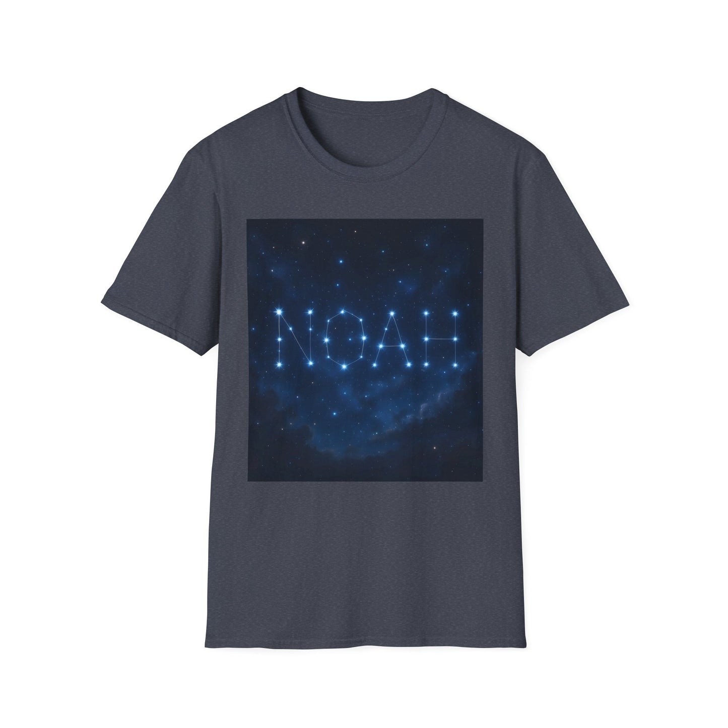 Dark gray T-shirt with a square blue constellation graphic spelling NOAH in connected star dots.