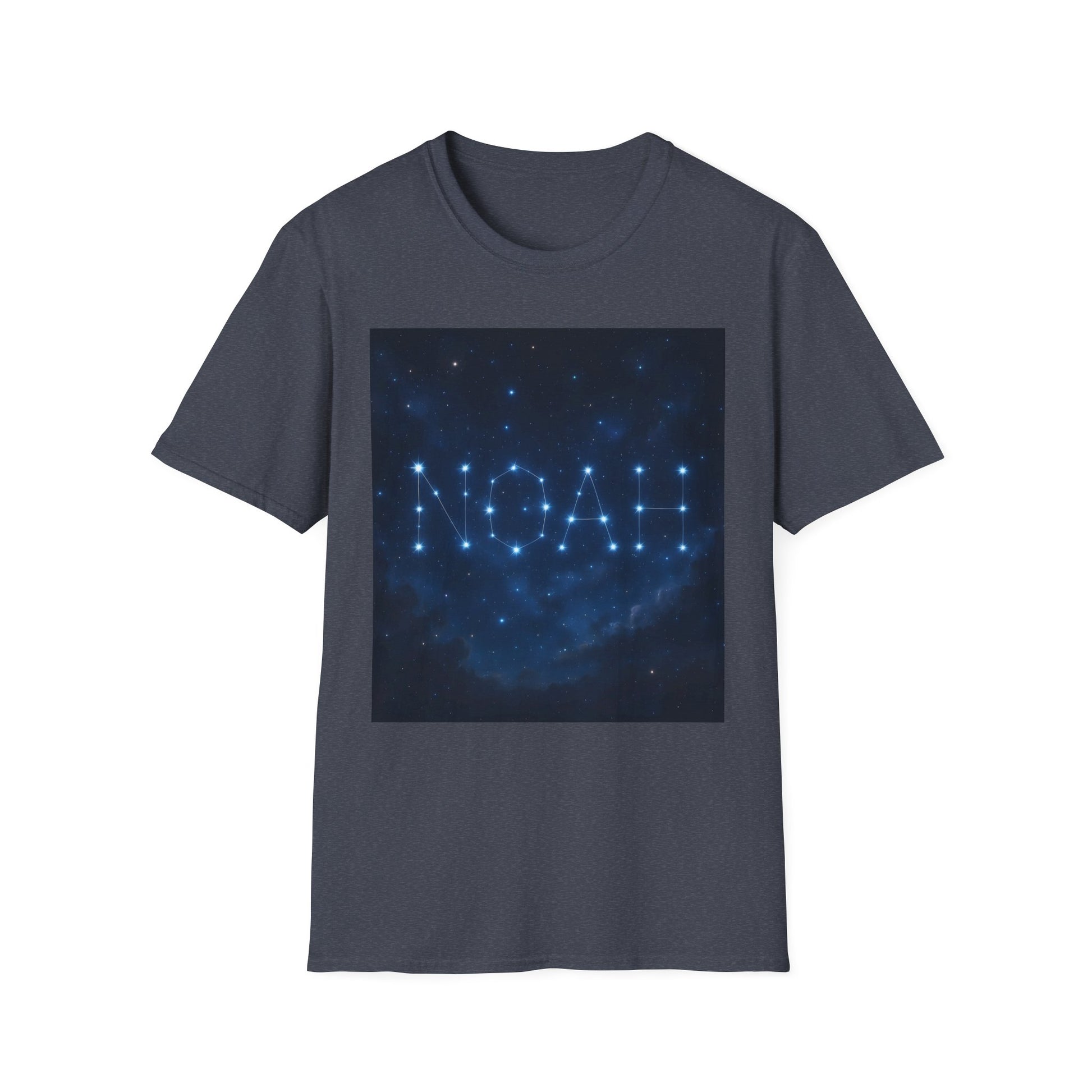 Dark gray T-shirt with a square blue constellation graphic spelling NOAH in connected star dots.