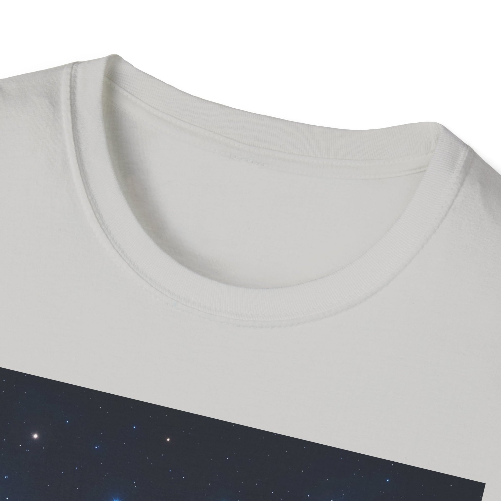 Close-up of a white crew-neck T-shirt with a dark diagonal space print across the chest.