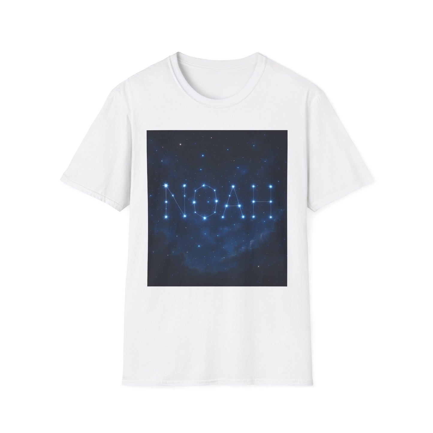 White T-shirt featuring a square graphic of a starry night sky; the constellation lines form the word NOAH.