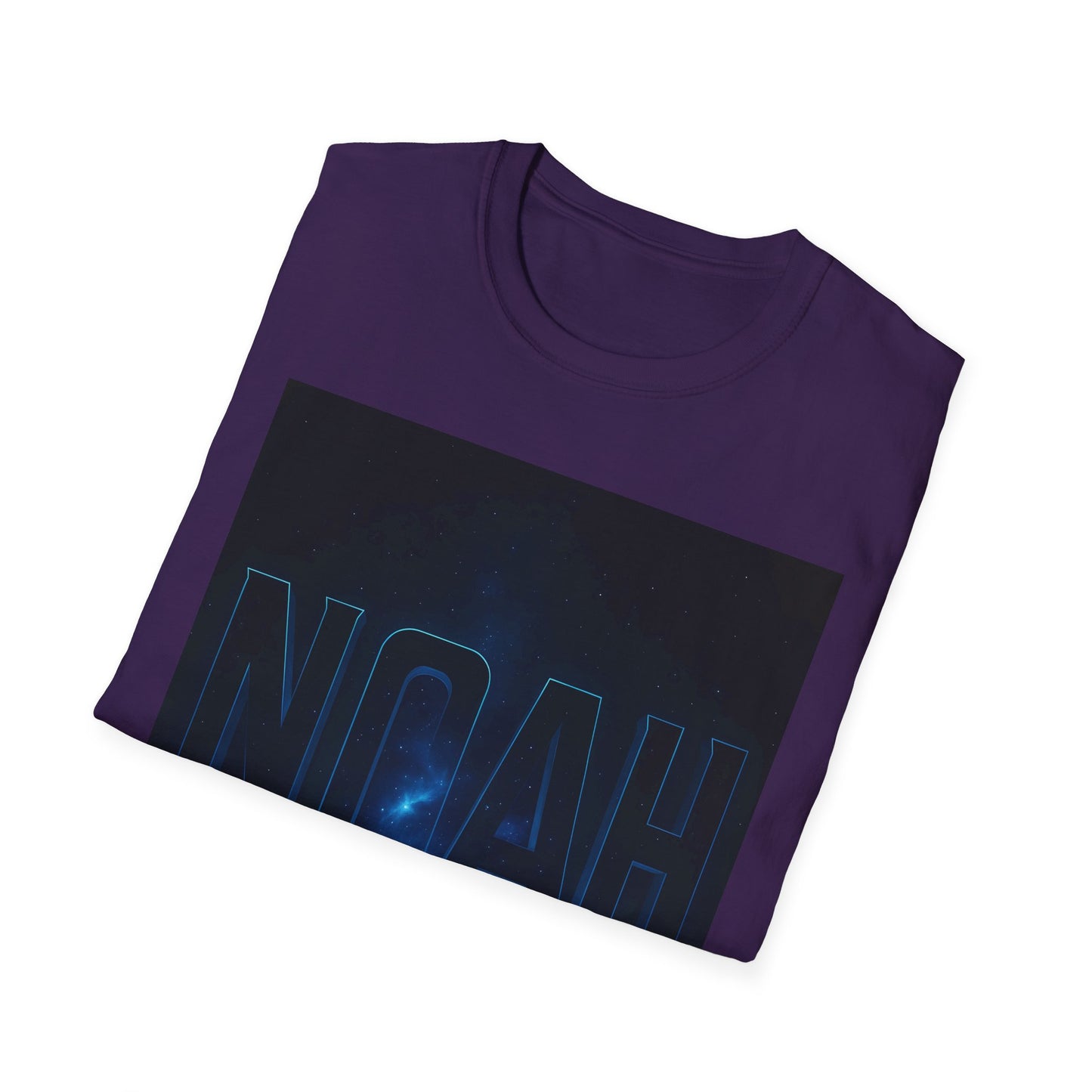 Purple short-sleeve T-shirt with a black rectangular space graphic featuring stars and blue outlined NASA text.