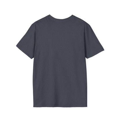 Back view of a dark blue-gray short-sleeve T-shirt with a round neckline.
