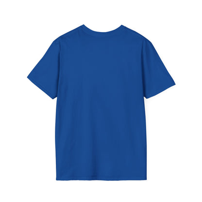 Blue short-sleeve T-shirt viewed from the back, plain and solid blue.