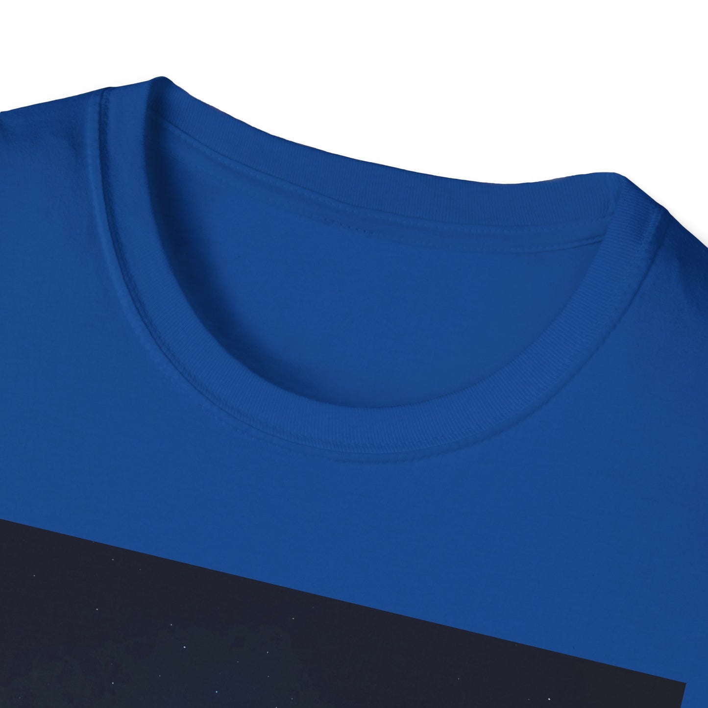Close-up of a cobalt blue crew-neck T-shirt, showing the collar and a dark diagonal band across the chest.