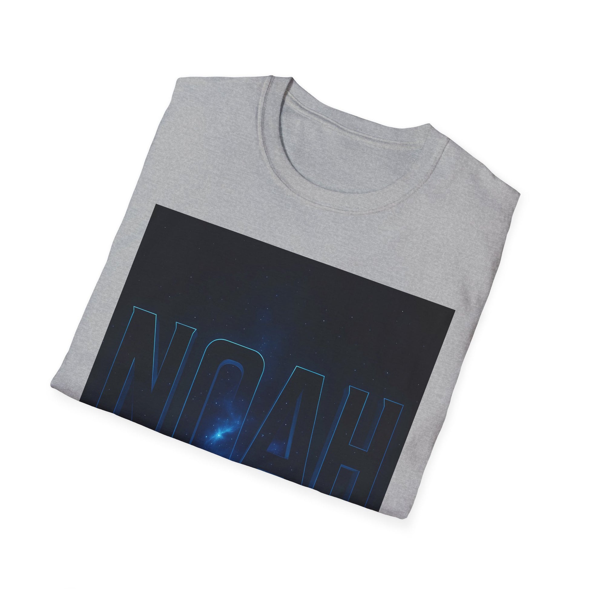 Gray crew-neck T-shirt folded, featuring a large black rectangular space-themed graphic with blue outlined letters spelling NOAH.
