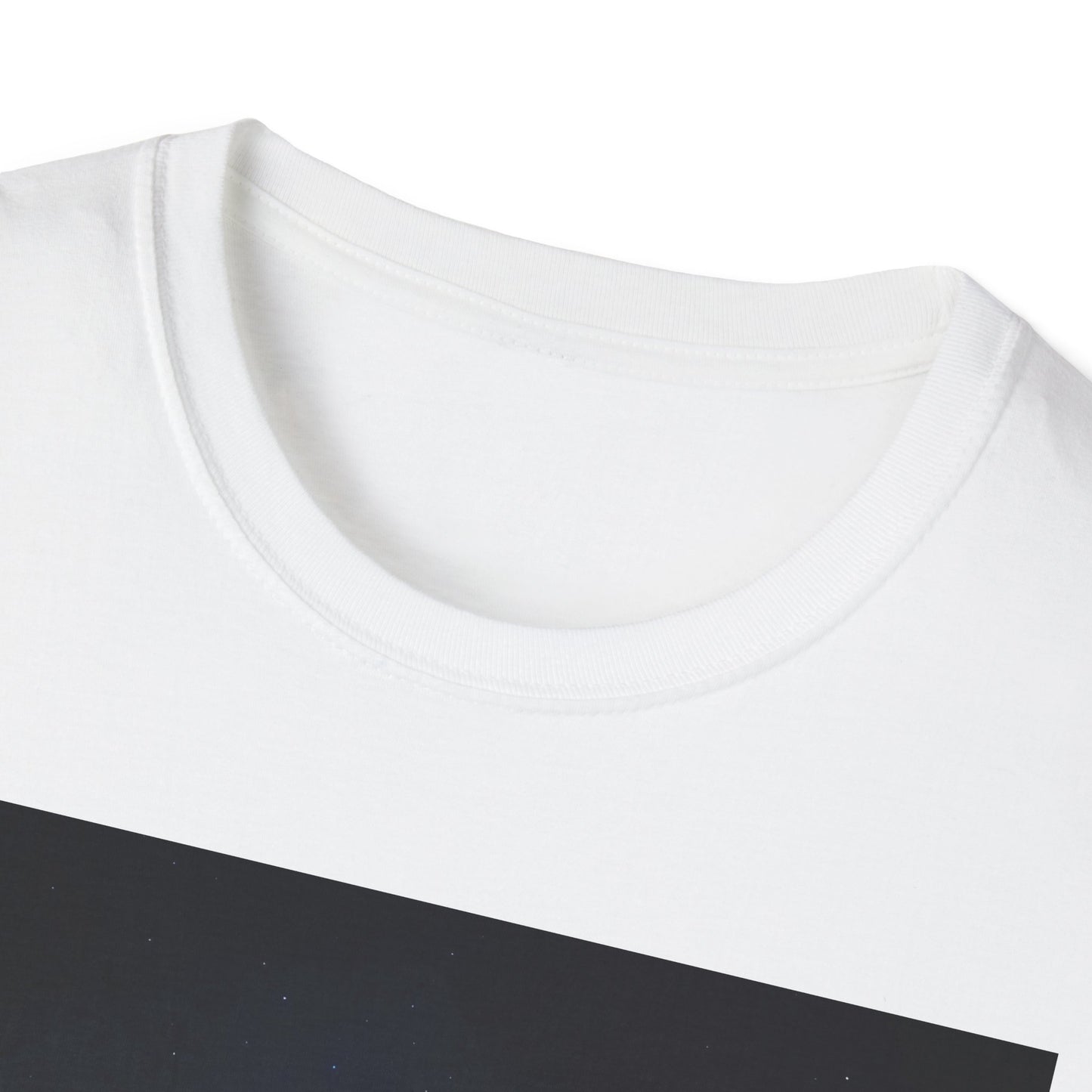 White crew-neck T-shirt with a bold black diagonal graphic across the chest.