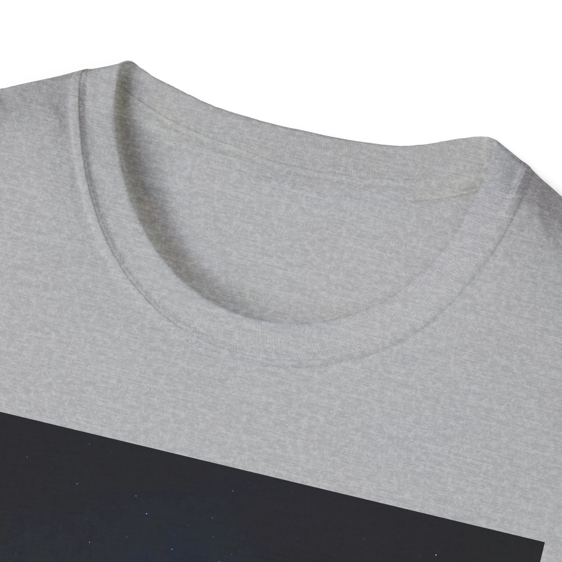 Close-up of a light gray crew-neck T-shirt with a dark navy rectangular graphic featuring a faint starry pattern.