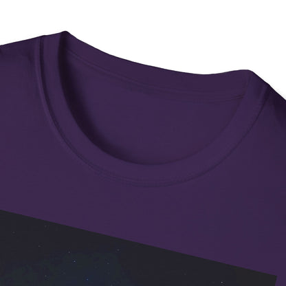 Close-up of a purple crew-neck T-shirt with a partial dark diagonal graphic visible at the bottom.