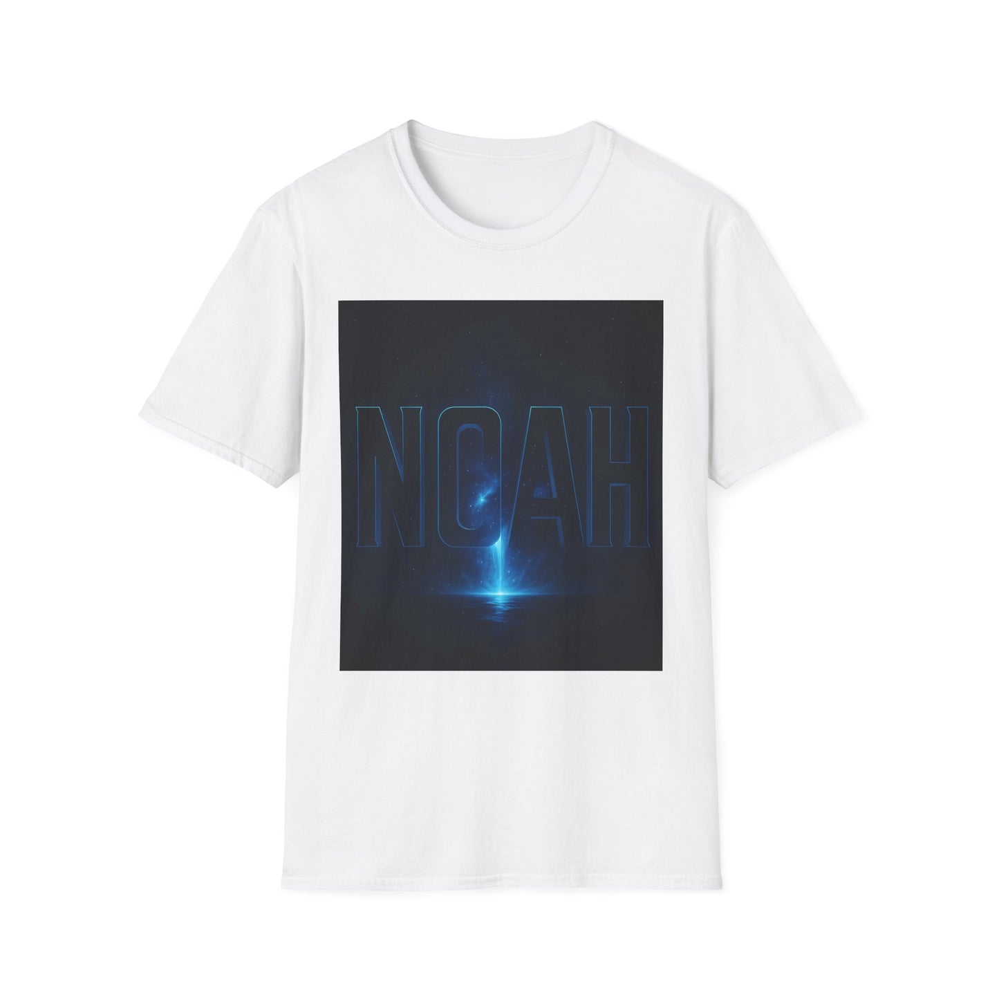 White T-shirt featuring a square dark blue space graphic with a glowing blue beam and the word NOAH outlined in blue.
