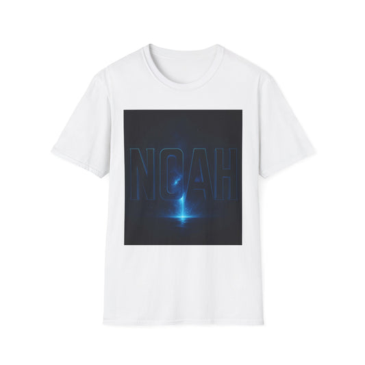 White T-shirt featuring a square dark blue space graphic with a glowing blue beam and the word NOAH outlined in blue.