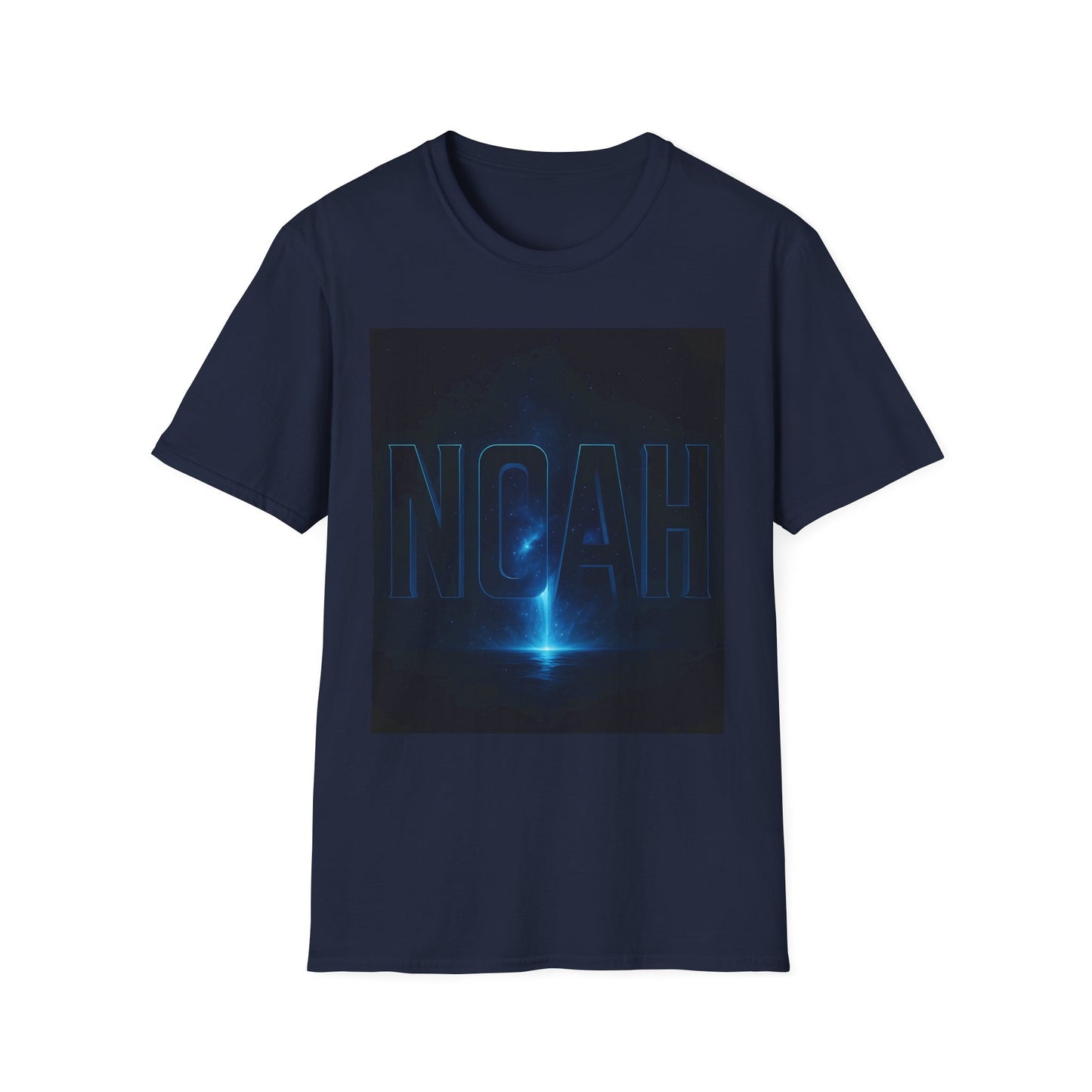 Navy T-shirt with a dark square graphic showing a glowing blue beam and the outline letters NOAH across the center.