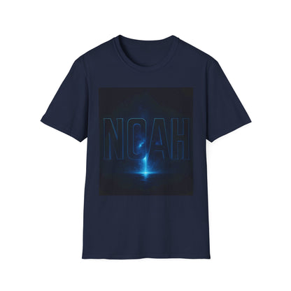 Navy T-shirt with a dark square graphic showing a glowing blue beam and the outline letters NOAH across the center.